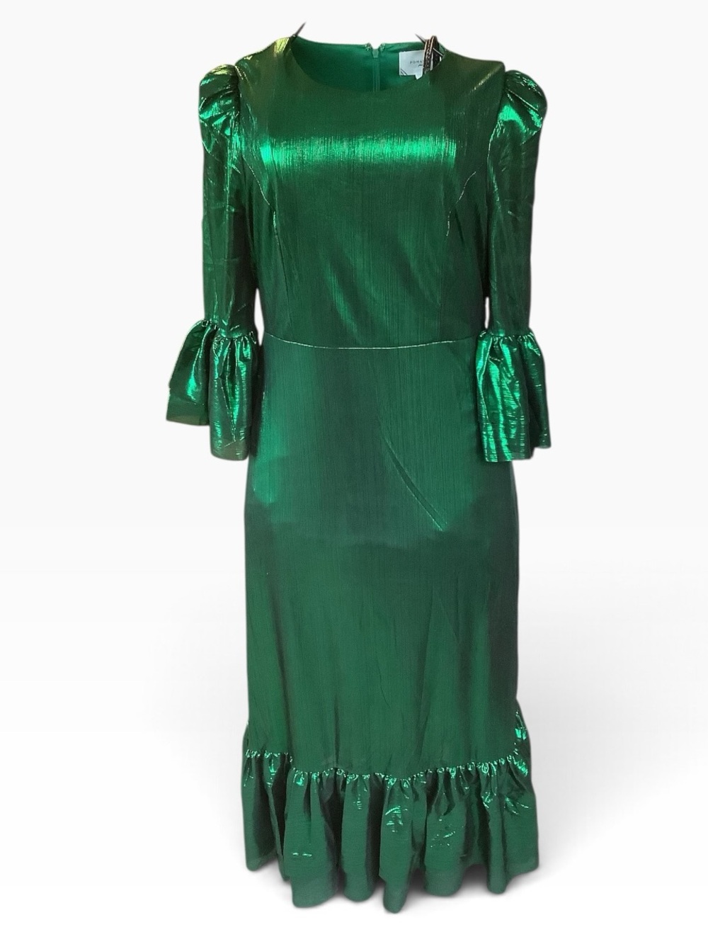 Pomander Place Tuckernuck Green Metallic Maxi Dress Bell Sleeve L Holiday NWT